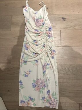 Floral Ruched Slip Dress - White with Pastel Floral
